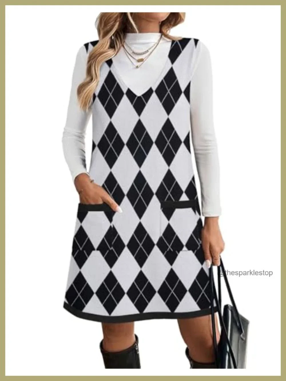 Sleeveless Knit Sweater Vest Dress V-Neck A-Line Pockets Fall Winter